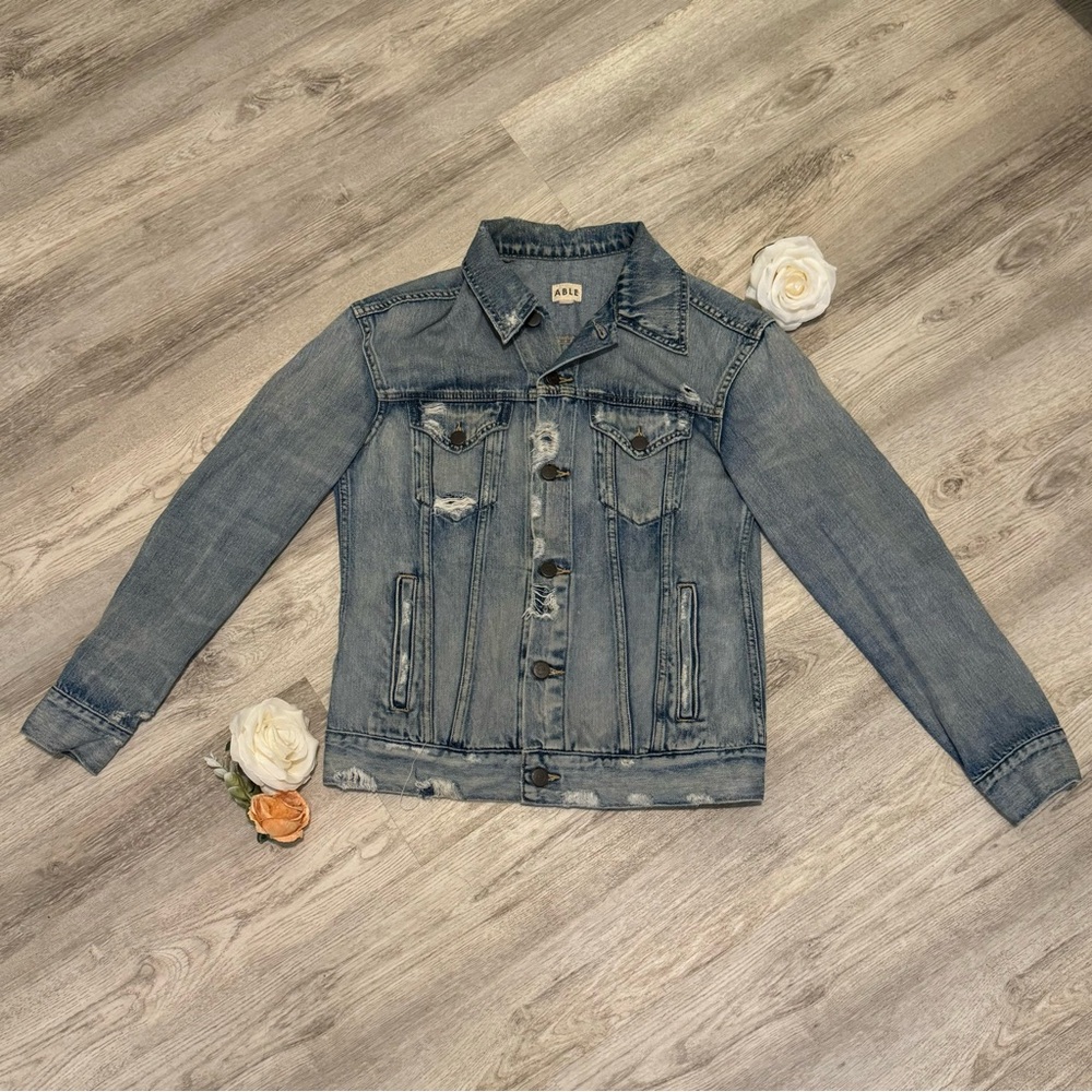 NEW ABLE Merly Wash Denim Jacket Distressed Blue Jean Cotton Jacket Small -$165 - Picture 3 of 14
